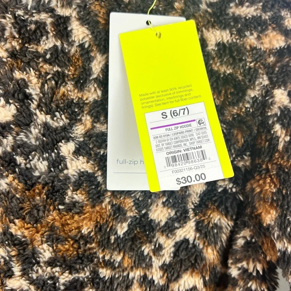 All in Motion Girls Leopard Print Sherpa Zip Up Hoodie Jacket Size S 6/7 New